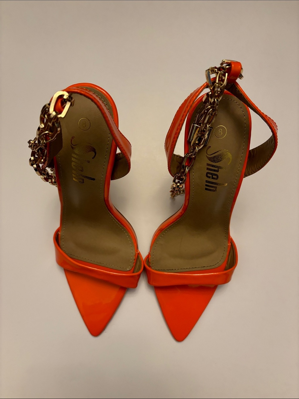 Patent Neon Orange Pointed-Toe Slingback Stiletto Heels with Gold Chain Accent